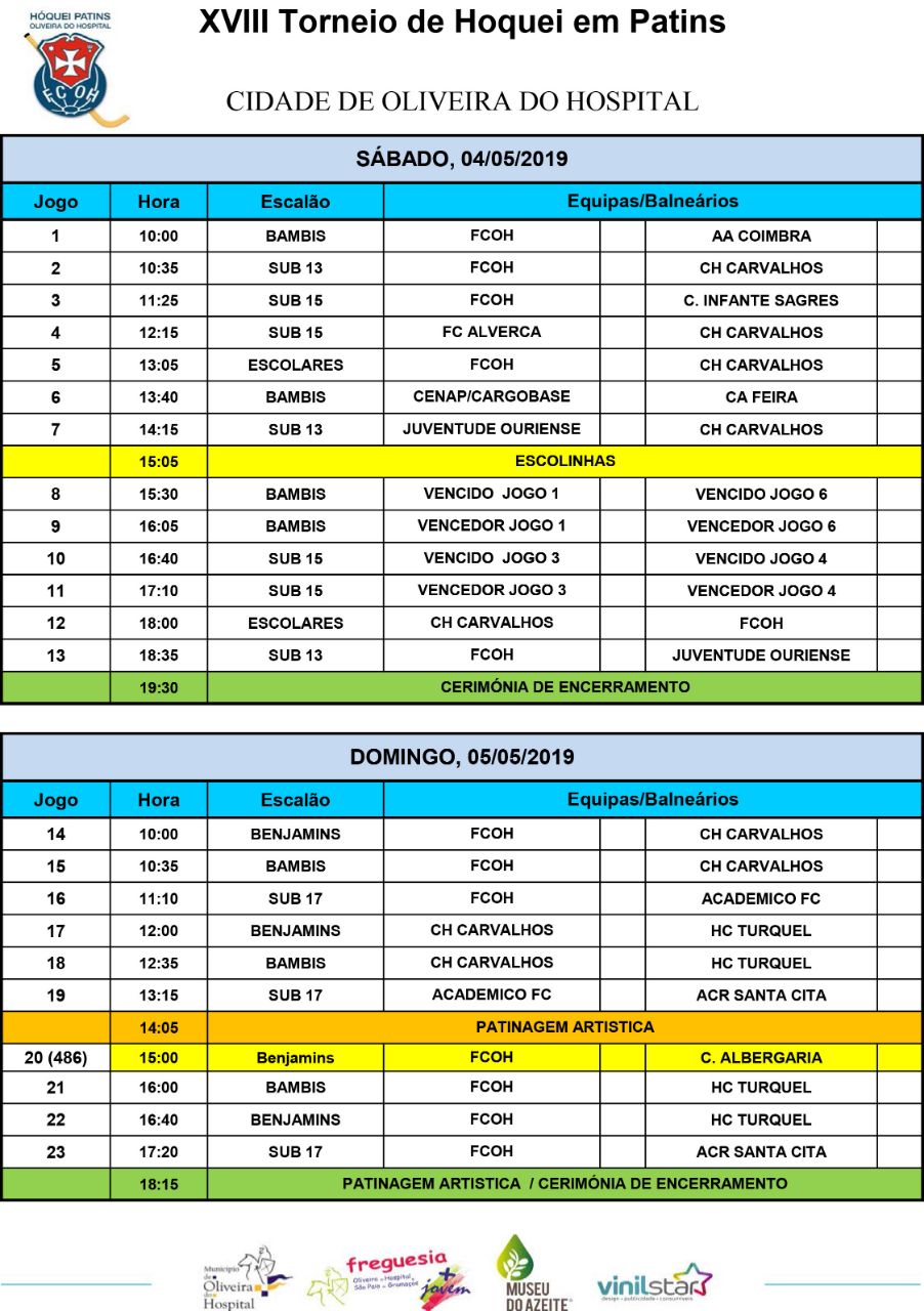 Calendário Jogos - XVIII Torneio 2019